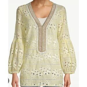 Chico’s Yellow Eyelet Embroidered Beaded V-Neck Lightweight Poplin Blouse Large